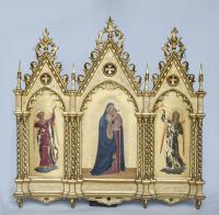 Triptico italiano con pintura religiosa con marco de madera dorada Ca 1890 